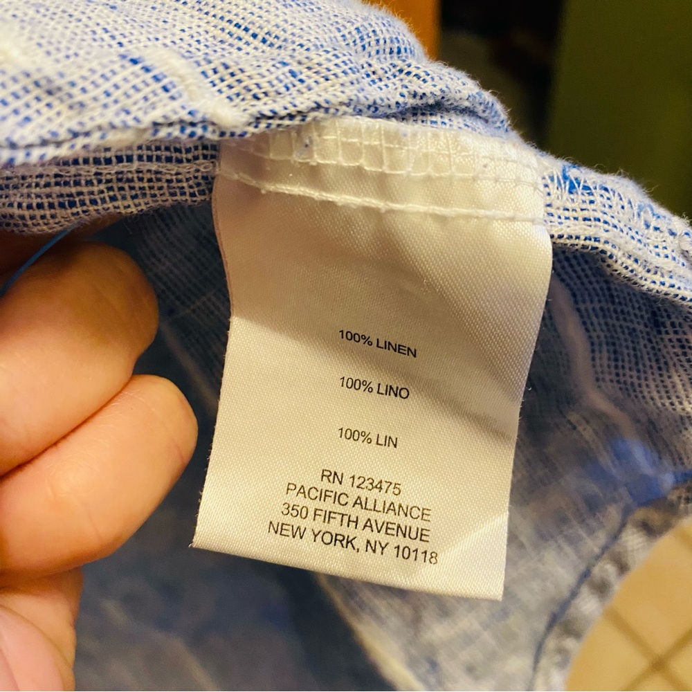 Ellen Tracy 100% Linen Gauzy Shirt Sz Small Popover Blue Stripe Roll Tab Sleeves - Picture 6 of 6